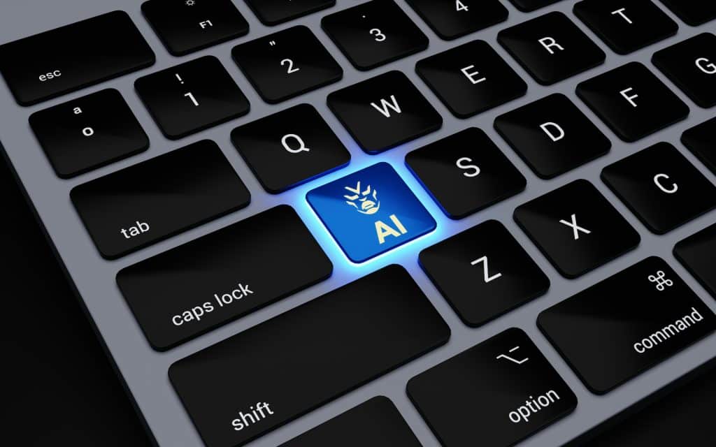 Close up of a Mac keyboard, one key, labelled AI, glowing obviously.
