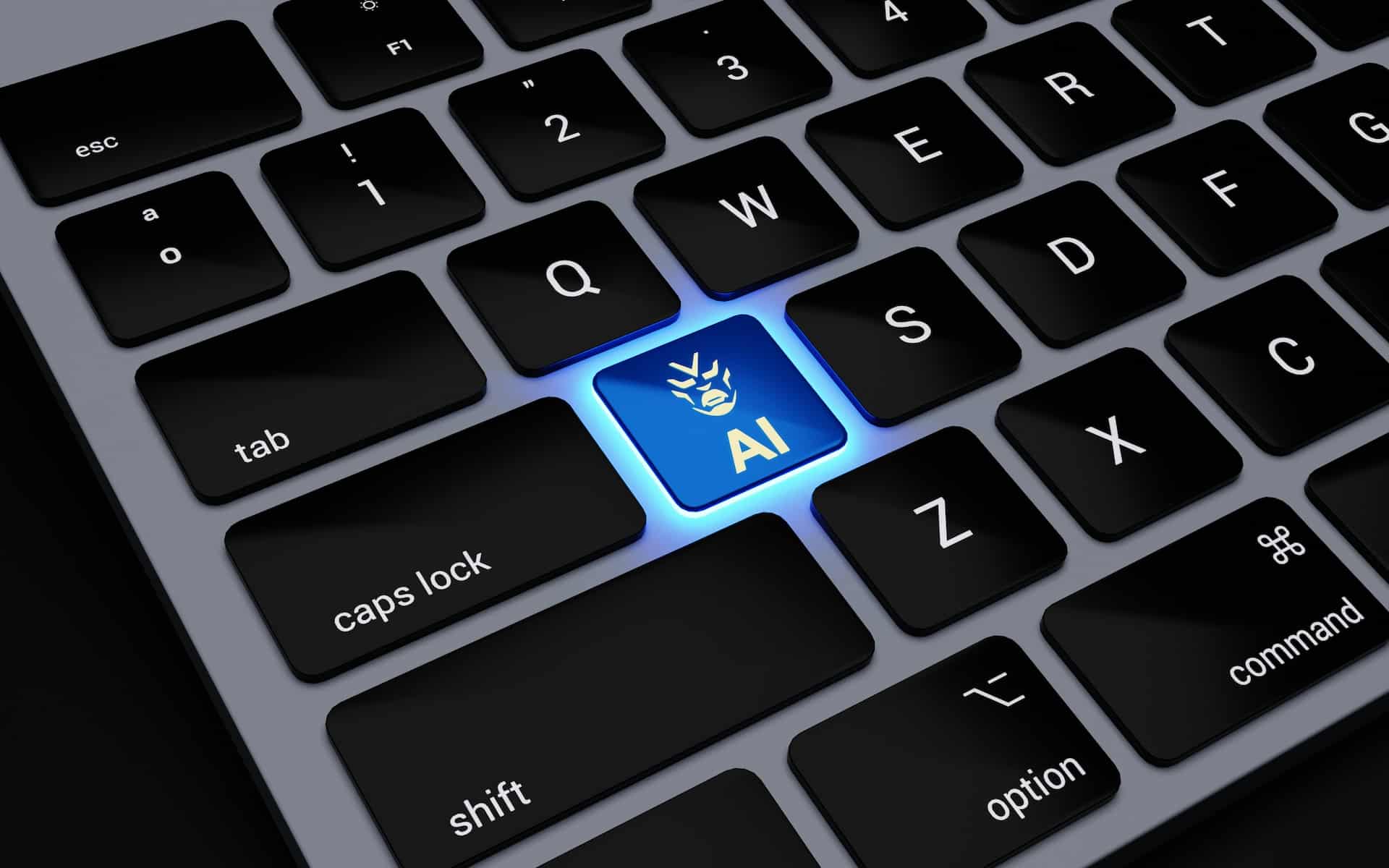 Close up of a Mac keyboard, one key, labelled AI, glowing obviously.